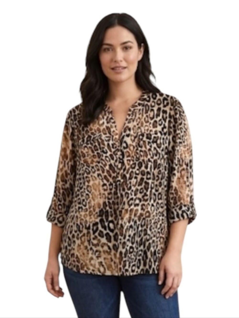 Ava & Grace Leopard Print V-Neck Blouse - Tan & Black Sz XL